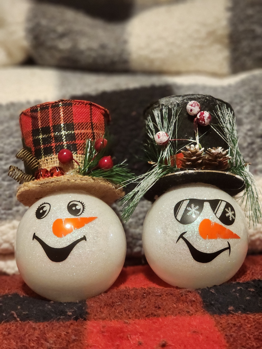 White Snowman Ornament Pair with Orange Carrot Noses